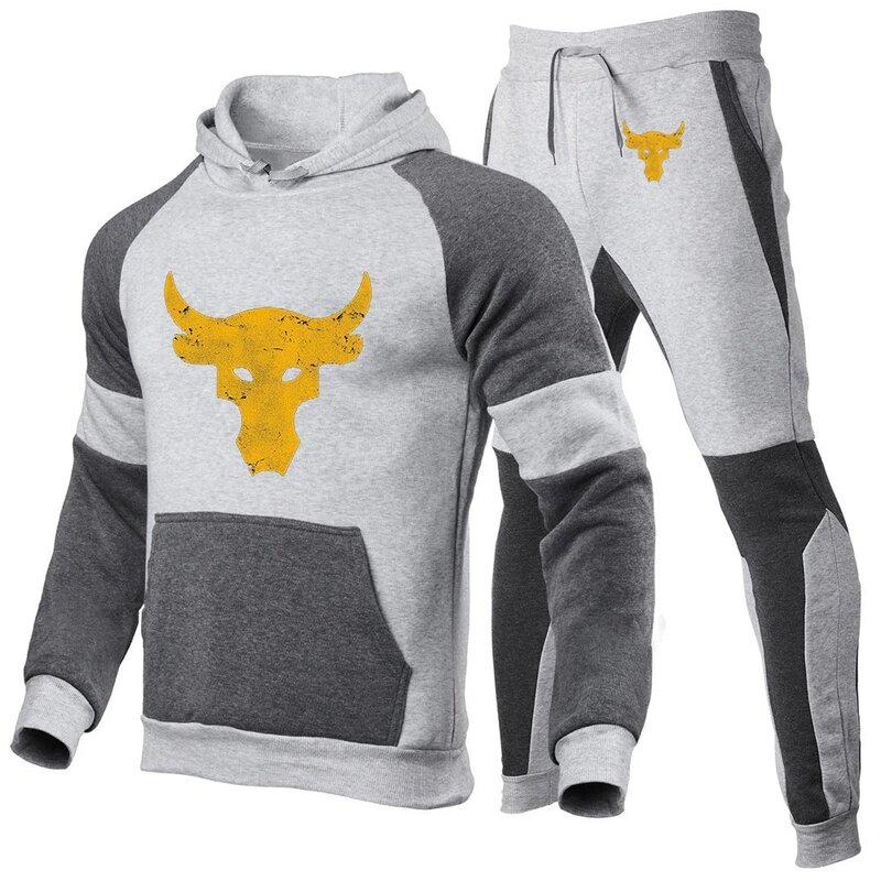2024 Spring Autumn Men's Dwayne Johnson Brahma Bull Tattoo Logo Printed High Quality Pullover Hoodies+Sweatpants Patchwork Sets