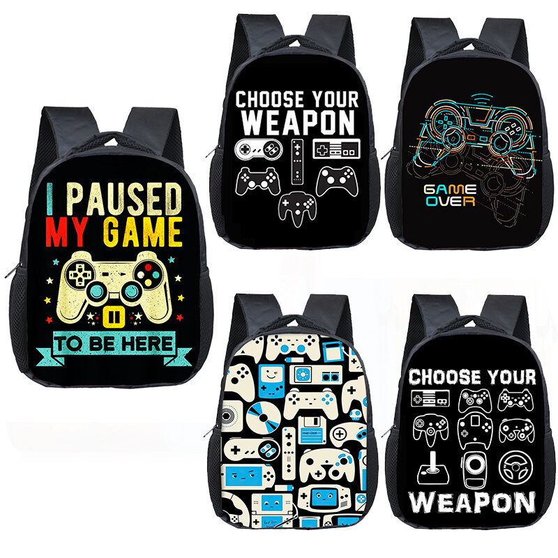 Engraçado Escolha Sua Arma Gamer Pattern Backpack, Primárias Crianças Mochilas Escolares, Vídeo Game Fan Boobag, Kids Kindergarten Toddler Bag