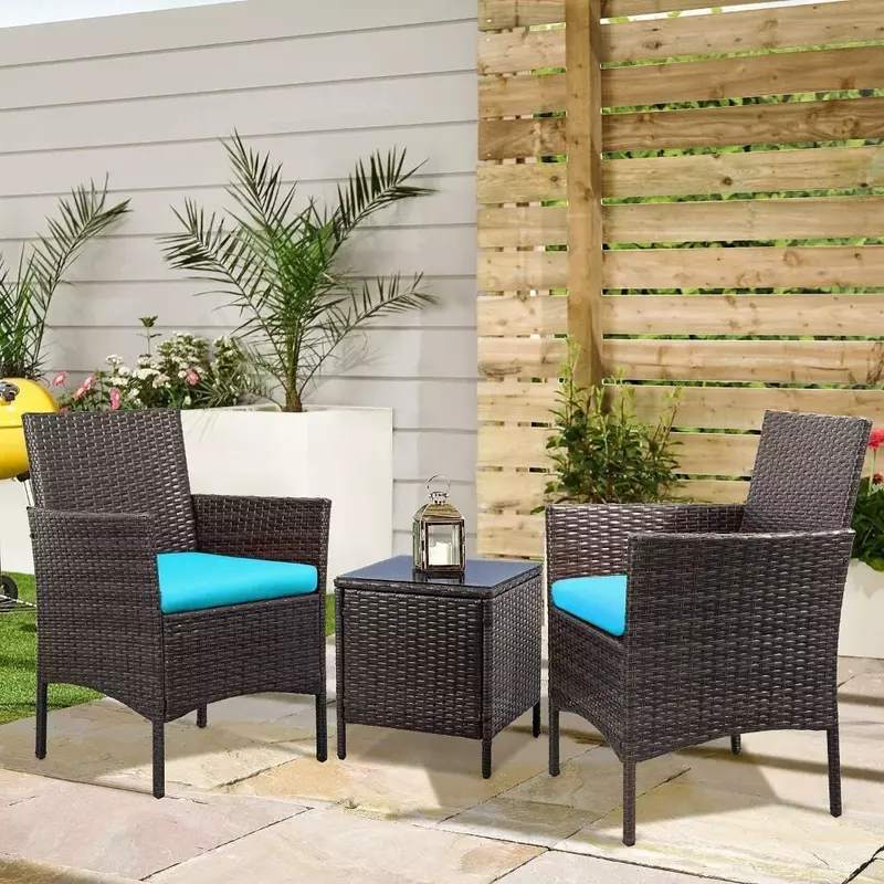 Conjuntos de móveis de jardim ao ar livre, varanda do pátio, cadeiras de vime PE com mesa, cadeira ao ar livre, 3 pcs