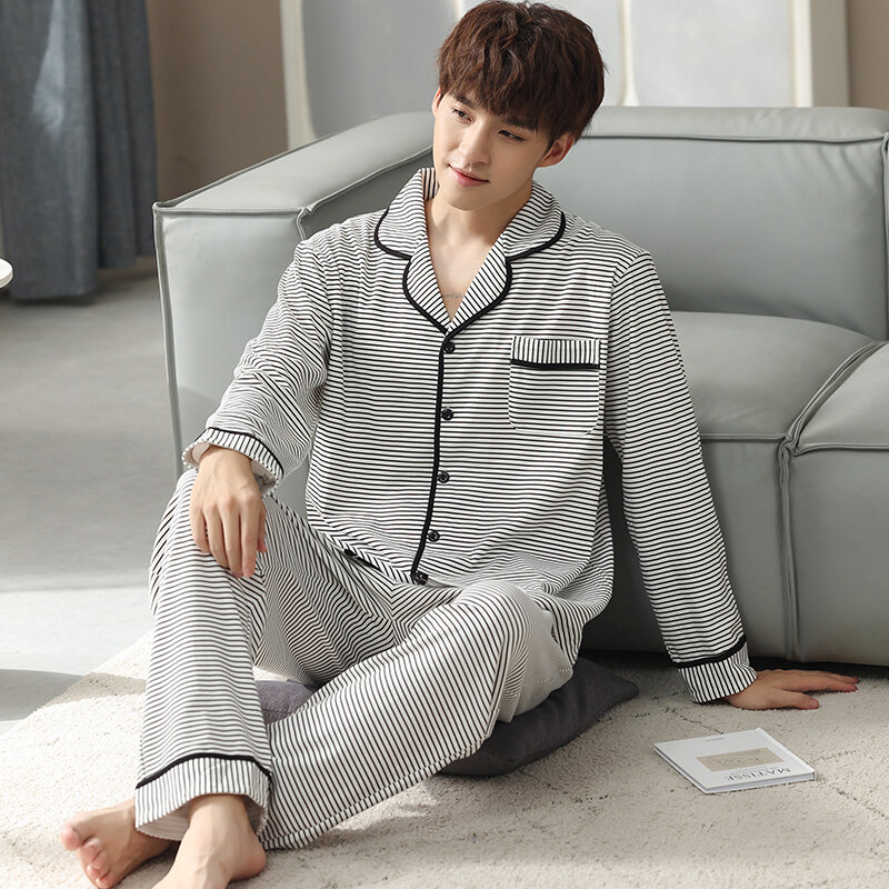 Pijama de algodón puro para hombre, ropa de dormir de 2 piezas, a rayas, para el hogar, otoño