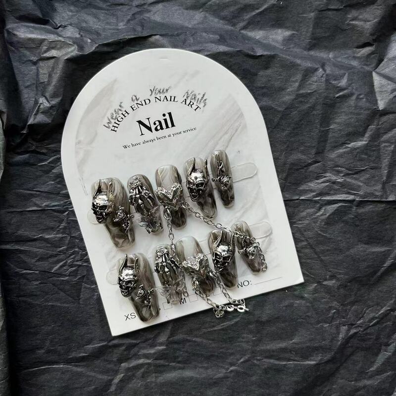 Uñas postizas hechas a mano de diseño oscuro, uñas postizas largas y reutilizables de Metal gótico con adhesivo artístico, 10 piezas