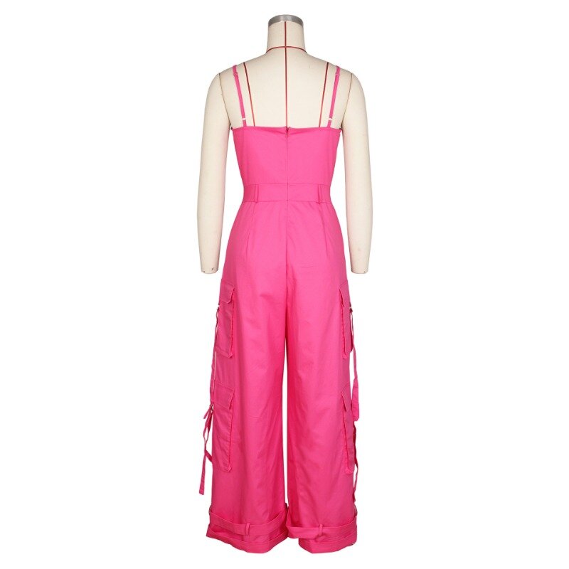 Women Camis Loose Cargo Jumpsuit Sexy Strapless Backless Spaghetti Straps Multi Pockets Wide Leg Pants Casual Street Overalls