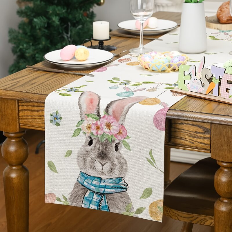 Easter Bunny Colorful Egg Linen Table Runners Dresser Scarves Table Decor Farmhouse Kitchen Dining Table Runner Party Decoration