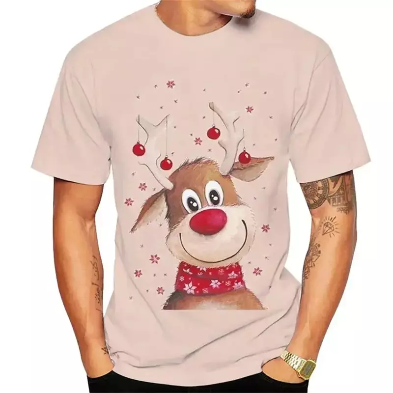 Camiseta con estampado 3d de alce navideño para hombre, Top de manga corta con cuello redondo, moda urbana Harajuku, de gran tamaño, Año Nuevo
