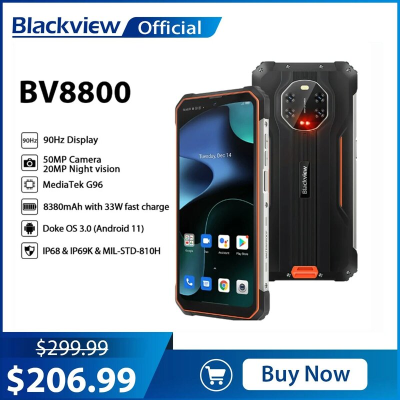 هاتف BLACKVIEW BV8800 الذكي القوي بشاشة 90 هرتز سعة 8 جيجابايت + 128 جيجابايت هيليو G96 8380 مللي أمبير كاميرا 50 ميجابكسل الإصدار العالمي