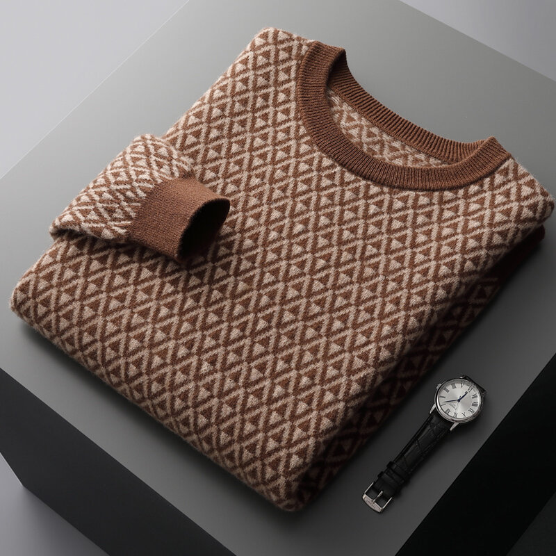 Новинка Осень-зима 2023, мужской плотный пуловер с круглым вырезом, вязаный свитер из 100% шерсти