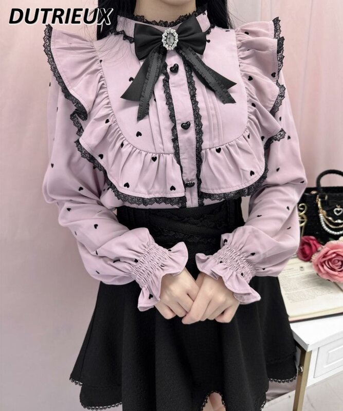 Camisa Lolita para mujer, Blusa de manga larga con volantes, elegante, con cordones, lazo dulce, suelta, adelgazante