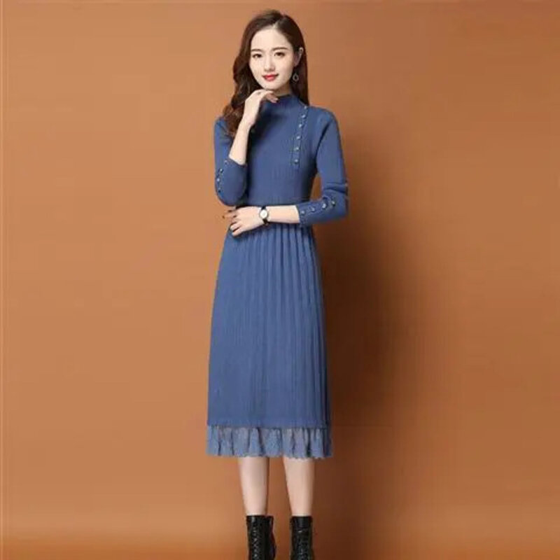Gaun renda rajut wanita, Dress rok Sweater lengan panjang, rajutan renda gaya Korea kasual, panjang setengah musim gugur dan dingin