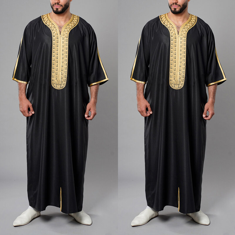 Islam uomo abbigliamento caftano abito moda musulmana ricamato sciolto e traspirante Djellaba Abaya uomo Jubba Thobe abito musulmano Eid