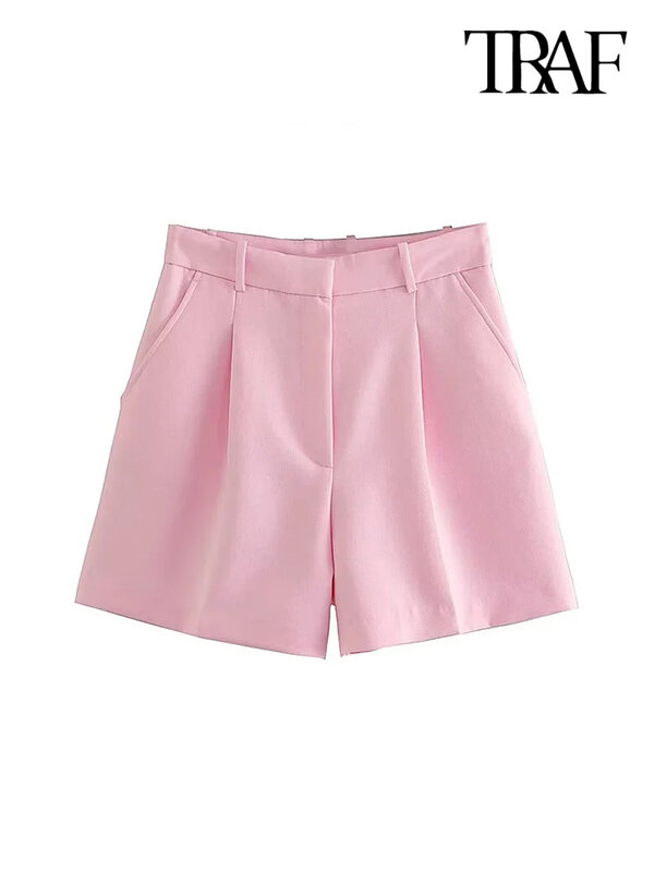 TRAF Women Fashion Side Pockets Front Darts Bermuda Shorts Vintage High Waist Zipper Fly Female Short Pants Mujer