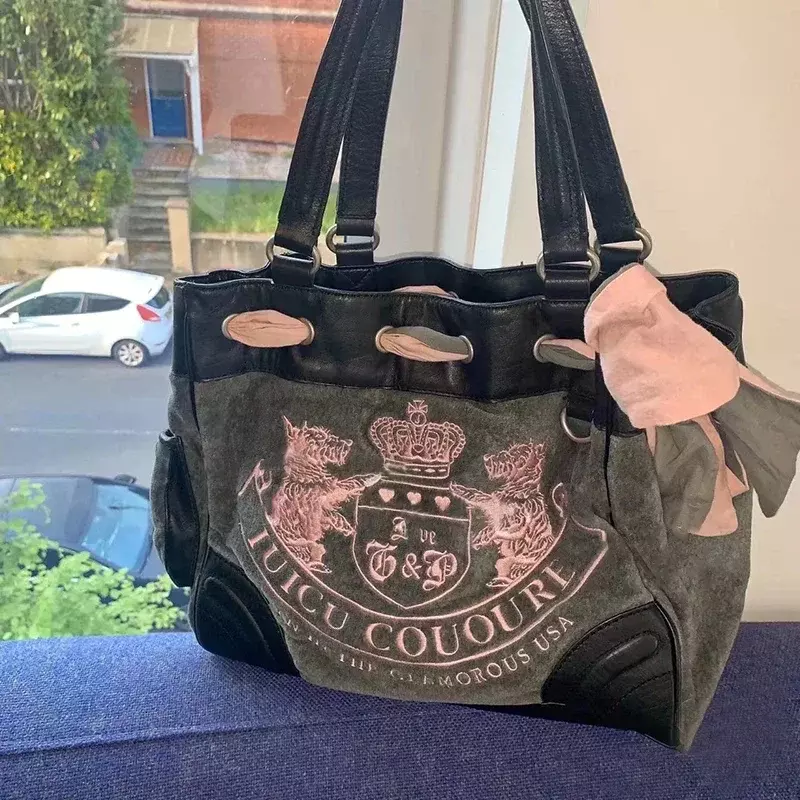 Y2K Women Gothic Black Embroidery Velvet Shoulder Bag Vintage Aesthetic Designer Luxury Handbags Pink Tote Bags Big Purses Women