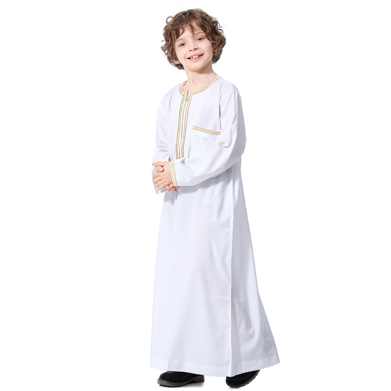 Jubah Anak Laki-laki Muslim Gaun Lengan Panjang Bordir Kerah Bulat Gaun Abaya Kaftan Jubba Thobe Pakaian Islami