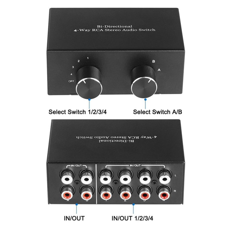 Двунаправленный 4-полосный стерео аудиопереключатель RCA L/R, звуковой канал, аудиопереключатель, 2 в 4 выхода или 4 в 2 выхода, аудиоразветвитель