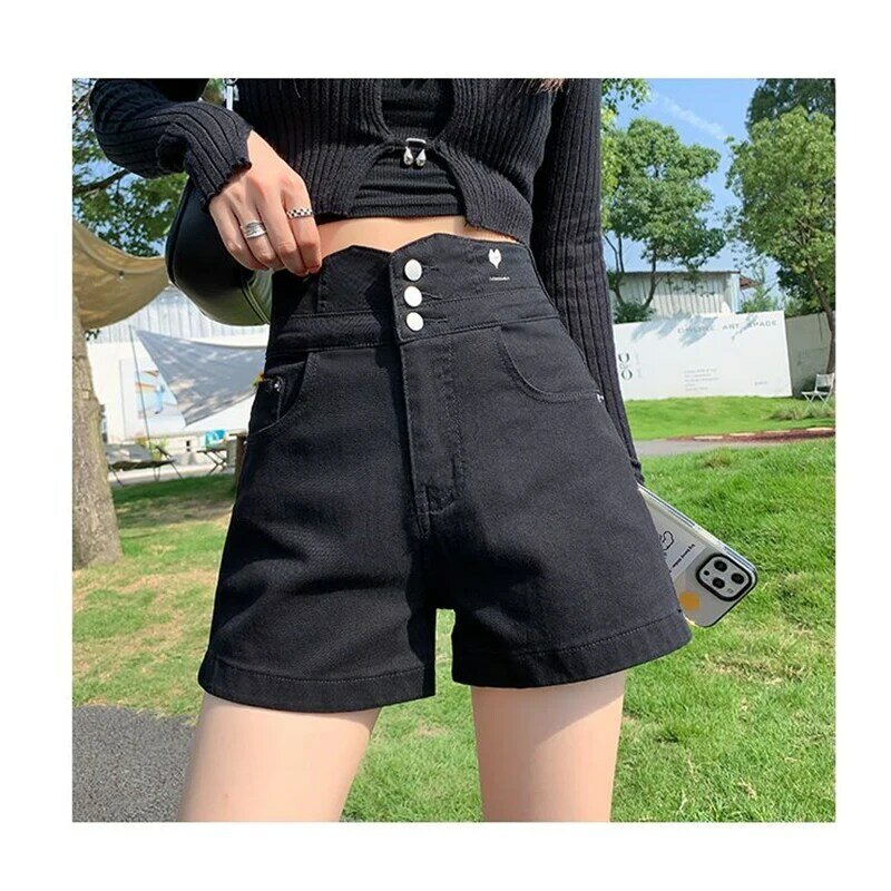 Pantalones cortos vaqueros negros de pierna ancha para mujer, de cintura alta minivaqueros, estilo callejero Vintage, Sexy, novedad de verano