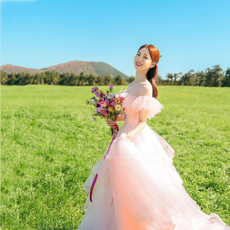 Prinses Roze Trouwjurk Elegante Off-Shoulder Geplooide Strapless Bruidsjurk Korte Mouw Cap Bruid Jurken Koreaanse 2024