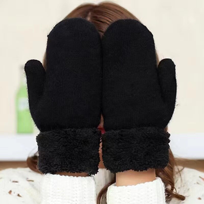 Winter Wool Gloves Women Plus Velvet Thicken Double Layer Warm Hands Solid Color Full Finger Knit Gloves Female Cycling Mittens