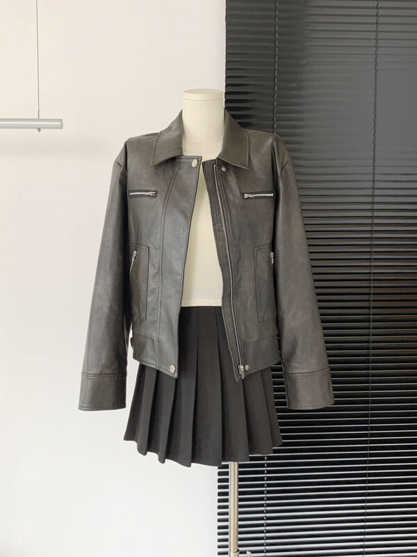 Винтажное американское кожаное пальто мешковатое ощущение моды Y2K женские уличные кожаные пальто на молнии в Корейском стиле