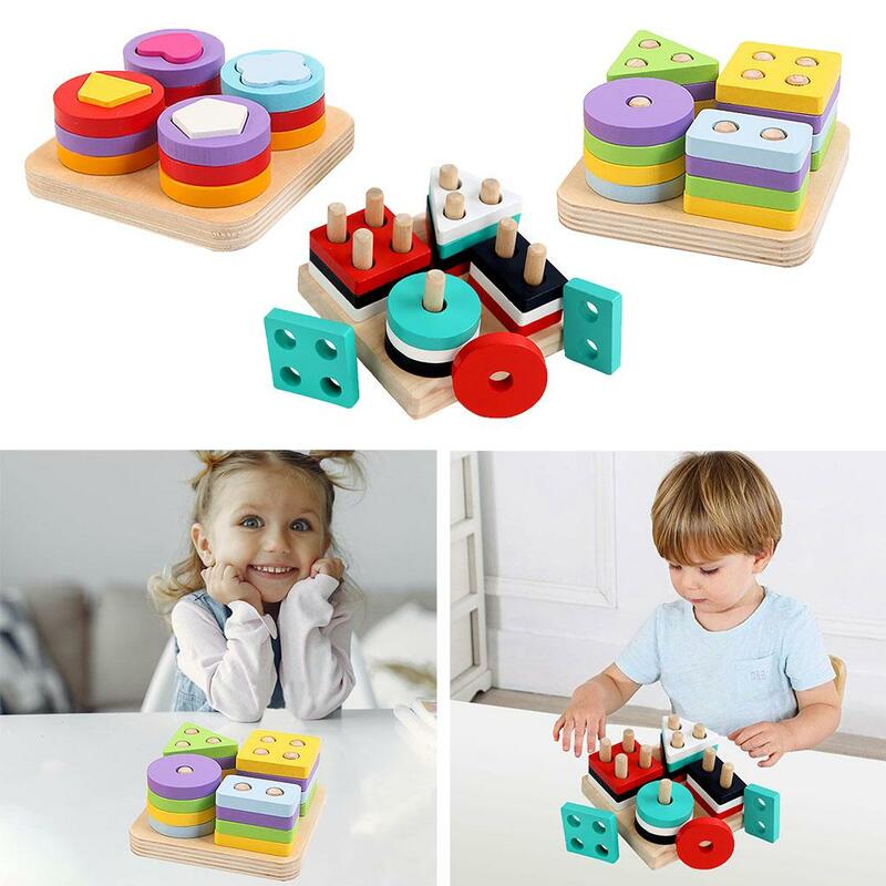 Wooden Shape Matching Stacking Toys Blocks Sensory Learning Toys for Kids