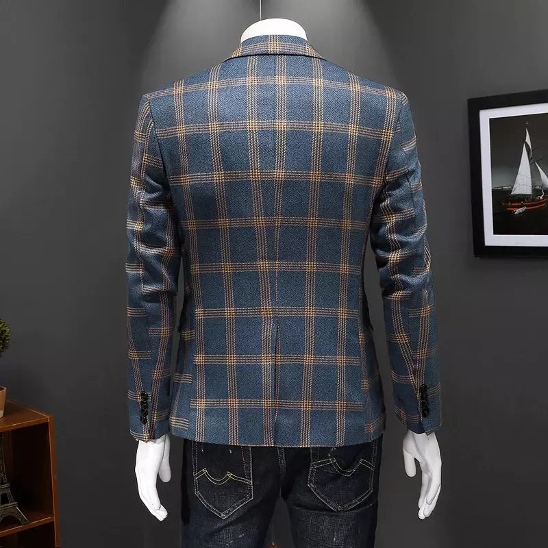 비즈니스 슬림핏 남성용 격자 무늬 블레이저 재킷, 최고 품질, 2023 용수철 가을 캐주얼 블레이저, 신랑 우아한 원피스 세트 재킷, 5XL