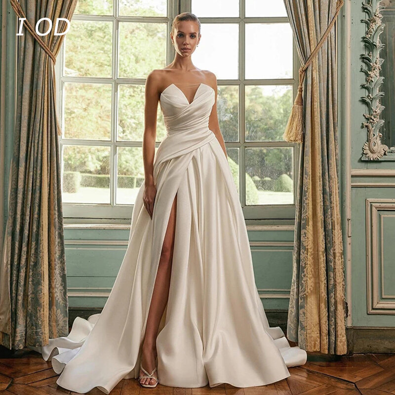 I OD Sleeveless Heart Neck Wedding Dress Simple Satin Split Tail Bridal Dress De Novia