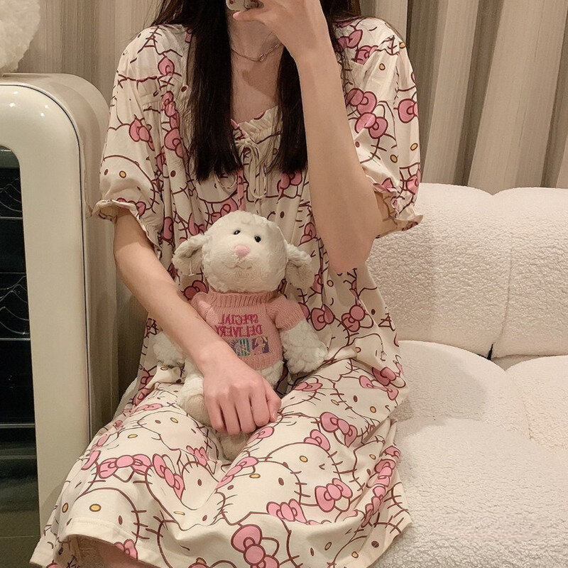 Sanrio Hello Kitty damska letnia koszula nocna rękaw typu bombka kokarda Kawaii ubrania domowe Y2k koreański elegancki sukienki piżamy