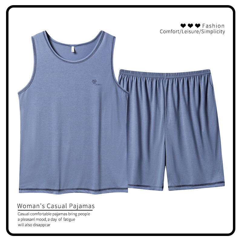 2023 New Cotton Men's Sleeveless Pajamas Set Simple Man Sleepwear Shorts Set Casual Nightwear Freeship