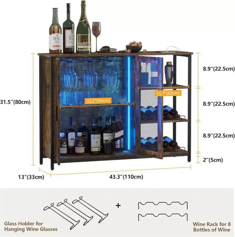 LED Coffee Bar Cabinet com Wine Rack removível, Buffet Cabinet com Sensor de Movimento para Cozinha e Jantar, Farmhouse