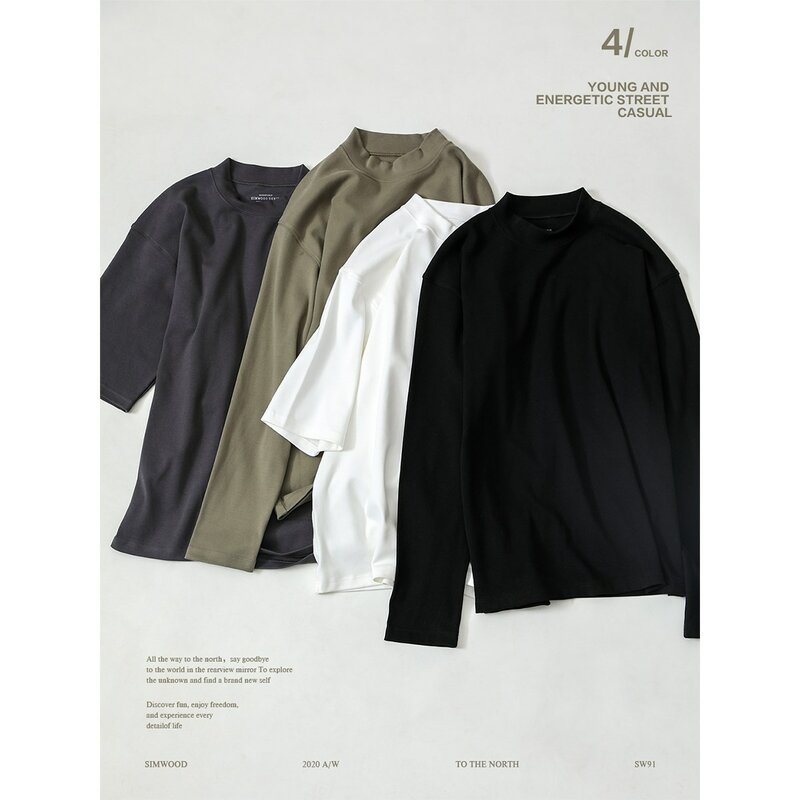 SIMWOOD 남성용 모크넥 티셔츠, 플러스 사이즈 풀오버, 기본 상의, 부드럽고 편안한 캐주얼 티셔츠, 2024 용수철 여름 신상