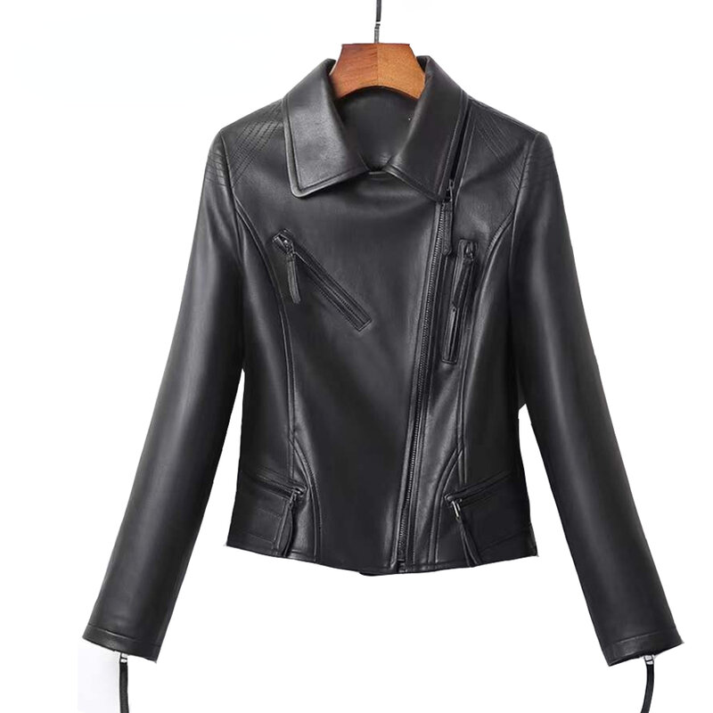 Tcyeek-abrigo de piel de oveja auténtica para mujer, chaqueta de cuero 100% Natural para motocicleta, chaquetas cortas negras, RZBY2280, 5XL, 2023