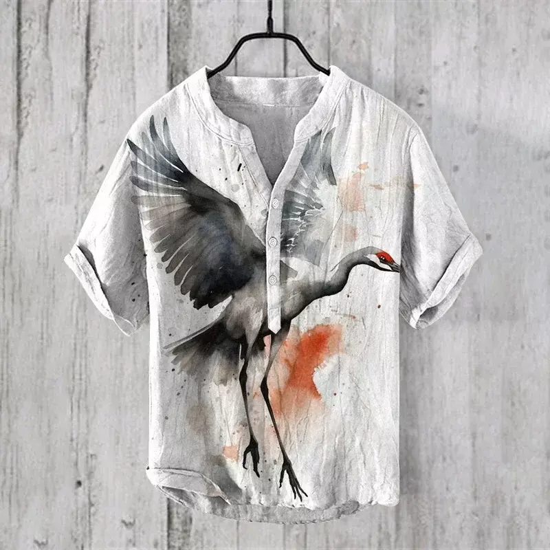 Elegant En Comfortabel Chinese Heren Overhemd, 3d Bedrukt Shirt Met Korte Mouwen En V-Hals Voor De Zomer