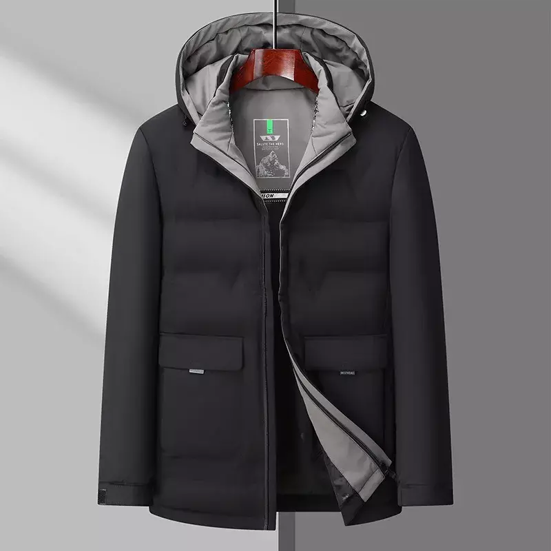 Зимняя мужская пуховая куртка средней длины, утепленная и теплая