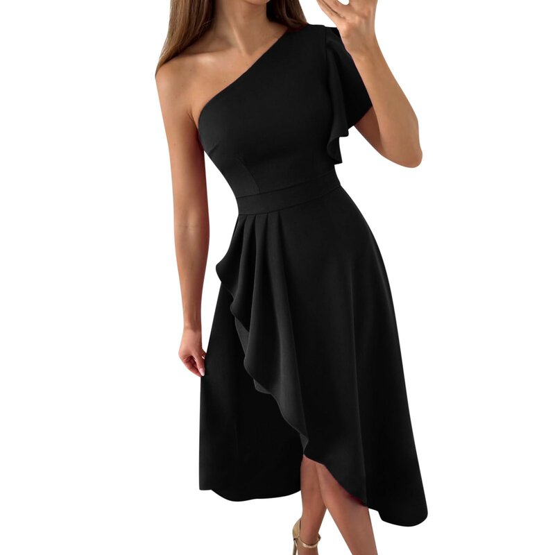 Damen One Shoulder ärmellose Empire Taille Rüschen asymmetrische High Low Bodycon Maxi Sommerkleid für Frauen Tan Kleid für Frauen