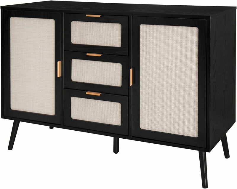 Sideboard Buffet Cabinet with Storage - Natural Rattan 2 Door 3 Drawer Dresser, Accent Storage Cabinet with Door