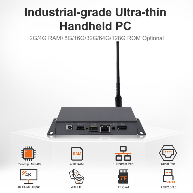 Fanless Industrial Mini PC USB HDMI LAN Ubuntu 18.04, Debian 9, Buildroot + QT OS Android Rockchip CPU RK3288