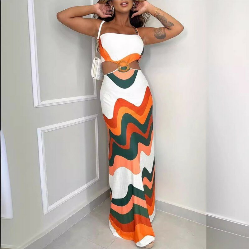Beach Outfit Women Sundress Cover Up Bathing Suit 2024 Wear Sexy Print Backless Hollow Stret Neck Dress Solid Polyester Summer