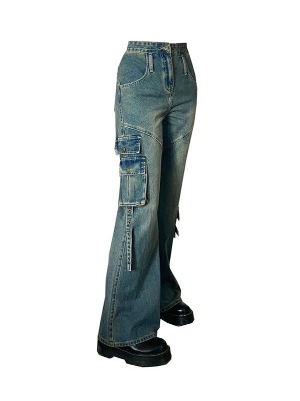Stile americano nuovo Design Jeans blu a vita alta donna pantaloni Casual a gamba larga pantaloni in Denim Hip-hop High Street moda estiva