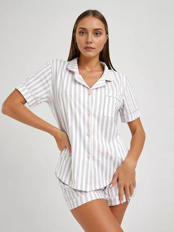 Marthaqiqi Casual Striped Female Pajamas Suit Sexy Turn-Down Collar Sleepwear Short Sleeve Nightwear Shorts Summer Nightgown Set