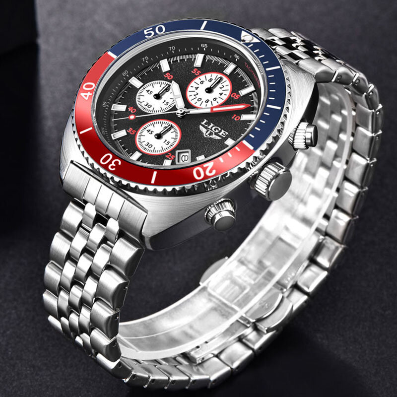 LIGE 남성용 오리지널 스포츠 쿼츠 시계, 풀 스틸 방수 크로노그래프 손목시계, 탑 브랜드