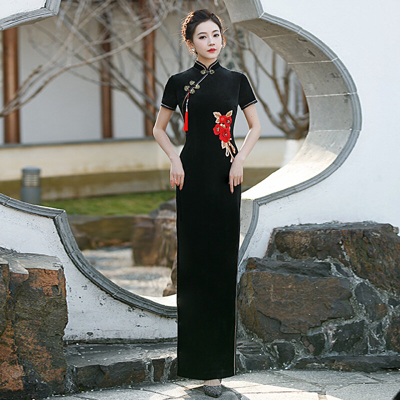Robe traditionnelle chinoise longue en velours Cheongsam pour femme, robe Qipao, coupe couvertes, vintage, élégante, éducative, grande taille, 5XL, automne, hiver
