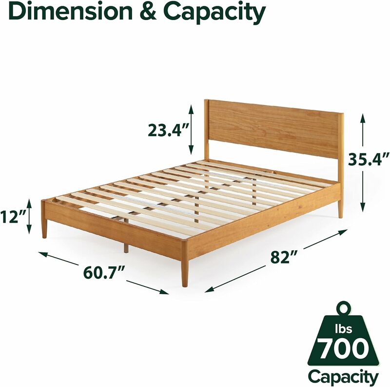 ZINUS Allen drewniana rama łóżko z pełnymi bokami z połowy wieku/fundament z litego drewna/wsparcie listwą drewnianą/łatwy montaż, królowa