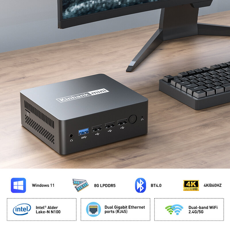 Kinhank Mini-PC Intel 12. n100 Desktop-Gaming-Computer 8GB 256GB DDR5 Wifi5 BT 4,0 Windows 11 Dual 1000m LAN