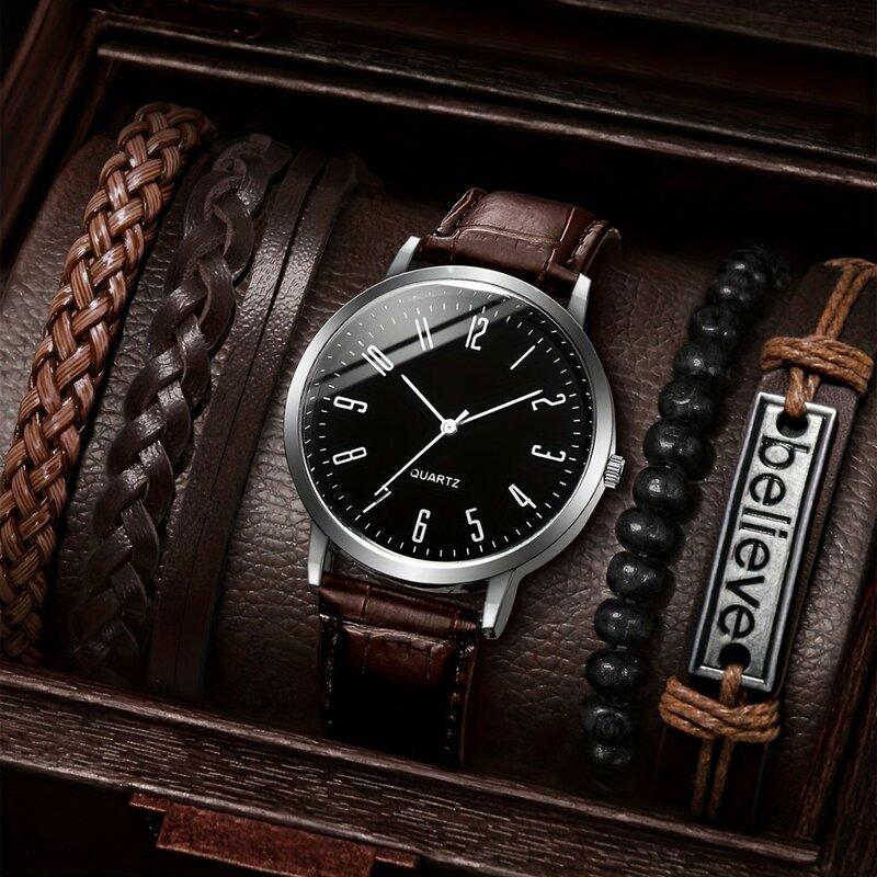 Kegllect Business Men's Watch Vintage Round Pointer Quartz Watches PU Leather Wrist Watch & Braided Bracelet Gift for Men