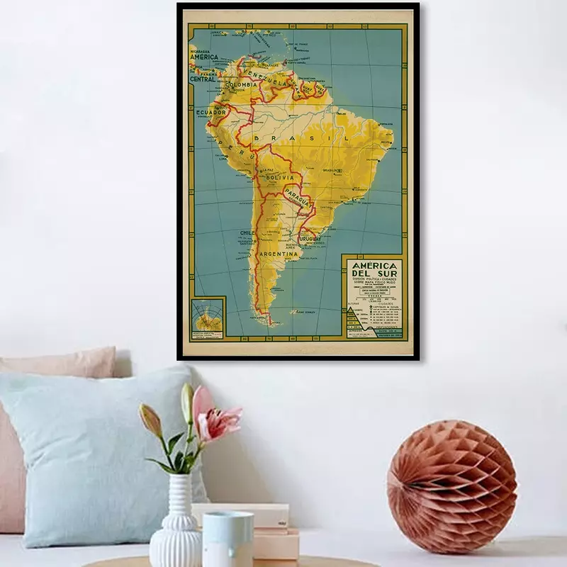 60*90cm Vintage Map of The South America Wall Art Poster and Prints Non-woven Canvas Painting Home Decor School Supplies