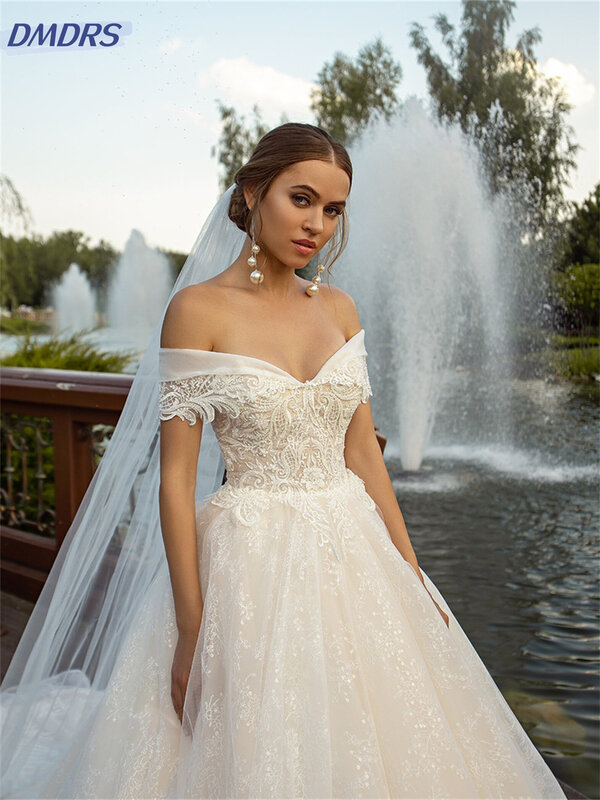 Urocza suknia ślubna z odkrytymi ramionami 2024 eleganckie suknie ślubne z wdziękiem suknie wieczorowe z krótkim rękawem Vestidos De Novia