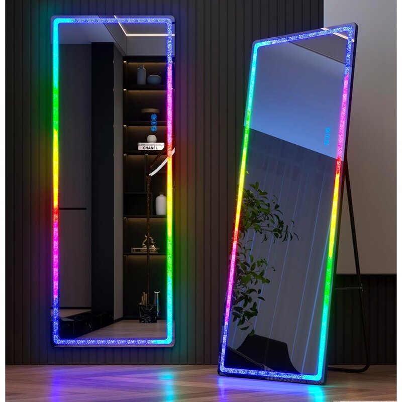 مرآة كاملة الطول مع أضواء LED ، مرآة إضاءة لكامل الجسم ، مرآة أرضية بألوان RGB مع إضاءة قابلة للتعديل 7 ألوان ، 63x20