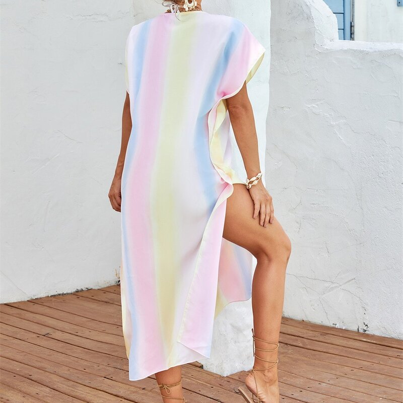 Gaun panjang liburan pantai wanita jubah Chic kasual lengan pendek jubah Pullover penutup pantai gaya kasual musim panas