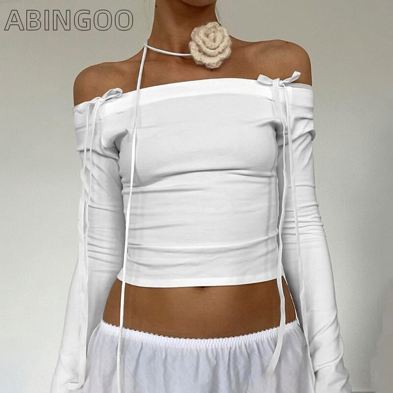 ABINGOO-Top feminino fora do ombro, com renda, laço, manga longa, costas, branco, apertado, camiseta de manga comprida, estilo de desejo puro, sexy, Y2K