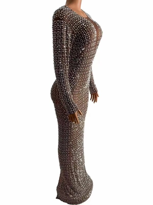 Vestido largo de encaje transparente con lentejuelas de perlas de diamante, traje Sexy personalizado, plumas de agua, envoltura de diamantes en la cadera