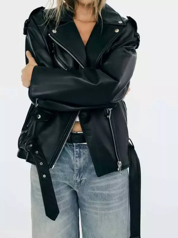Женская куртка с поясом, свободная винтажная локомотивная куртка из искусственной кожи с длинным рукавом, верхняя одежда, 2023