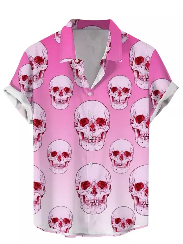 Camisa floral do crânio do vintage dos homens, impressão 3D engraçada do crânio, streetwear, T da manga curta, camisa havaiana, camisas da lapela